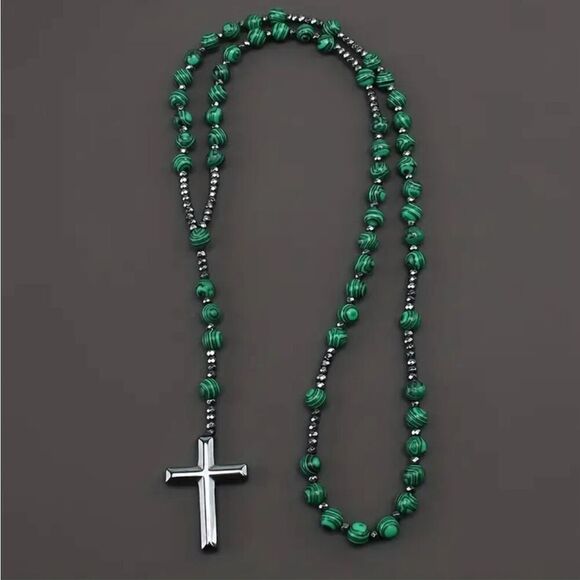 Green Malachite Hematite Round Beaded Cross Pendant Rosary Necklace New - Picture 6 of 7